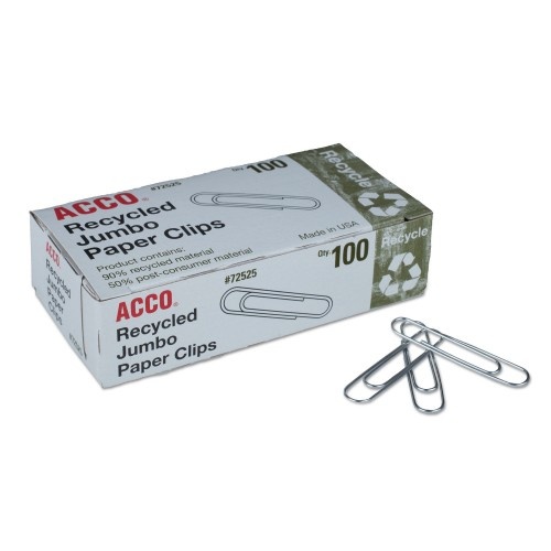 Acco Recycled Paper Clips, Jumbo, Smooth, Silver, 100 Clips/Box, 10 Boxes/Pack