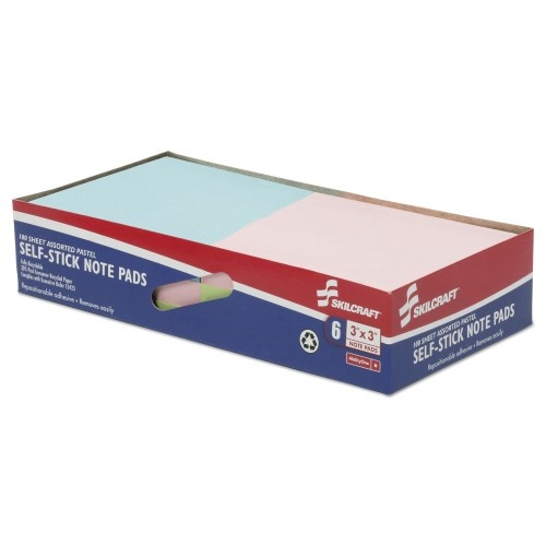 AbilityOne 753001 Skilcraft Self-Stick Note Pad Set, 3" x 3", Assorted Colors, 100 Sheets/Pad, 6 Pads/Pack