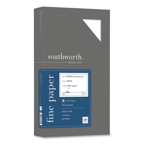 Southworth 25% Cotton Business Paper, Ruled, 95 Bright, 20 Lb Bond Weight, 8.5 X 14, White, 500 Sheets/Ream
