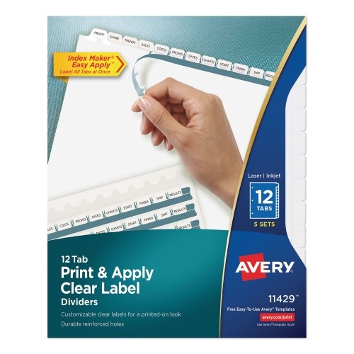 Avery Print And Apply Index Maker Clear Label Dividers, 12-Tab, White Tabs, 11 x 8.5, White, 5 Sets