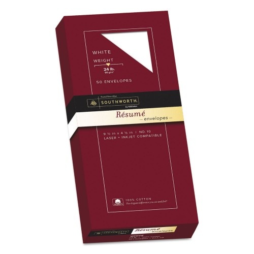 Southworth 100% Cotton Resume Envelope, #10, Commercial Flap, Gummed Closure, 4.13 x 9.5, White, 50/Box
