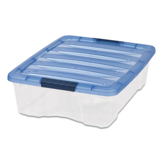 Iris Stack And Pull Latching Flat Lid Storage Box, 6.73 Gal, 16.5" X 22" X 6.5", Clear/Translucent Blue