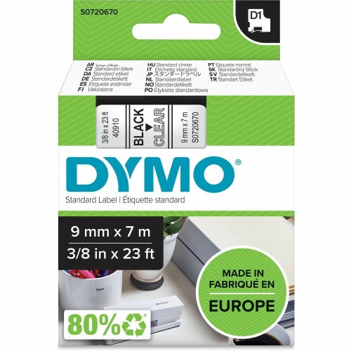 Dymo D1 40910 Tape 9Mm X 7M Black On Clear