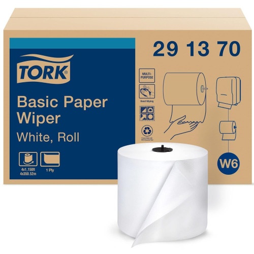 Tork Basic Paper Wiper Roll Towel, 1-Ply, 7.68 x 1,150 Ft, White, 4 Rolls/Carton