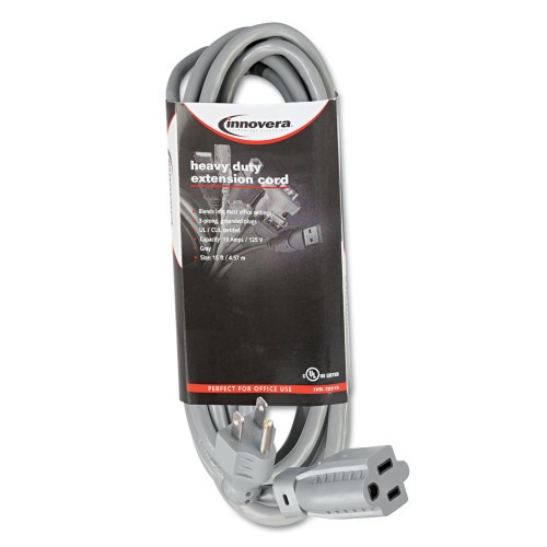 Innovera Indoor Heavy-Duty Extension Cord, 15 Ft, 13 A, Gray