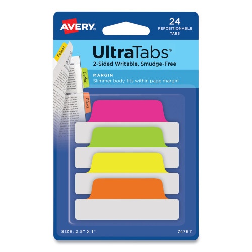 Avery Ultra Tabs Repositionable Tabs, Margin Tabs: 2.5 x 1, 1/5-Cut, Assorted Neon Colors, 24/Pack