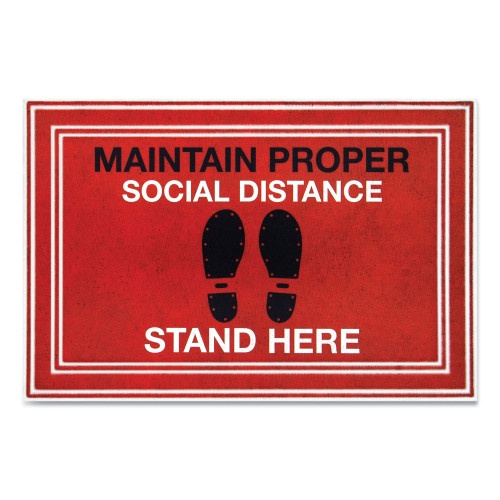Apache Mills Message Floor Mats, 24 x 36, Red/Black, 'Maintain Social Distance Stand Here'