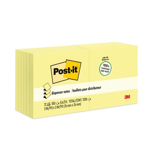 Post-It Original Recycled Pop-Up Notes, 3x3, Canary Yellow, 100 Sheets/Pad, 12 Pads/Pack