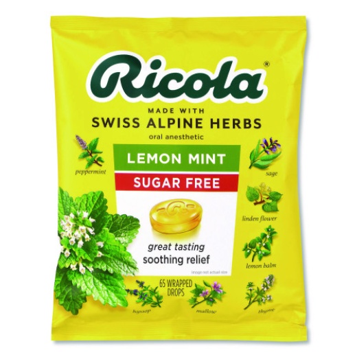 Ricola Sugar-Free Lemon Mint Herb Throat Drops, 65/Bag, 2 Bags/Pack