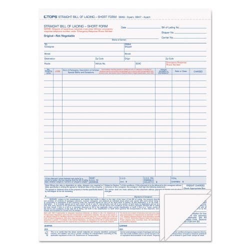 TOPS Bill of Lading, Three-Part Carbonless, 8.5 X 11, 50 Forms Total