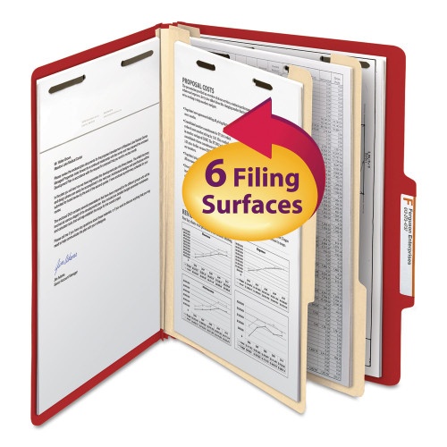 Smead Top Tab Classification Folders - 2" Expansion, 2 Dividers, Letter Size, Red Exterior, 10/Box