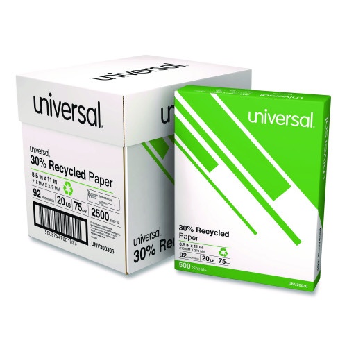 Universal 30% Recycled Copy Paper, 92 Bright, 20 Lb Bond Weight, 8.5 X 11, White, 500 Sheets/Ream, 5 Reams/Carton