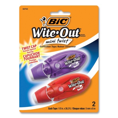 Bic Wite-Out Mini Twist Correction Tape, Non-Refillable, Blue/Fuchsia Applicators 0.2" X 314", 2/Pack