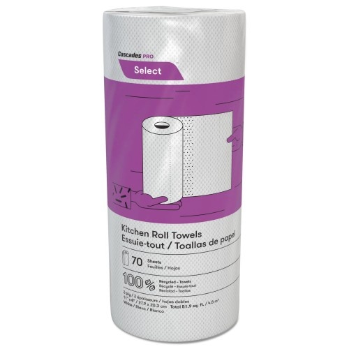 Cascades Select Perforated Kitchen Roll Towels, 2-Ply, 8 x 11, White, 70/Roll, 30 Rolls/Carton