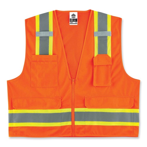 Ergodyne Glowear 8248Z Class 2 Two-Tone Surveyors Zipper Vest, Polyester, 4X-Large/5X-Large, Orange