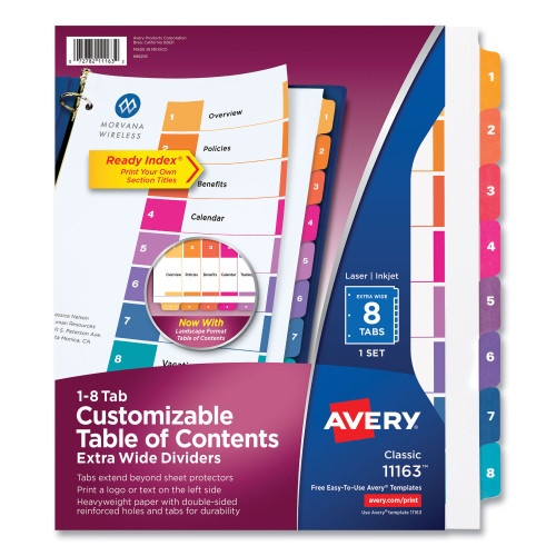 Avery Customizable TOC Ready Index Multicolor Tab Dividers, Extra Wide Tabs, 8-Tab, 1 to 8, 11 x 9.25, White, 1 Set