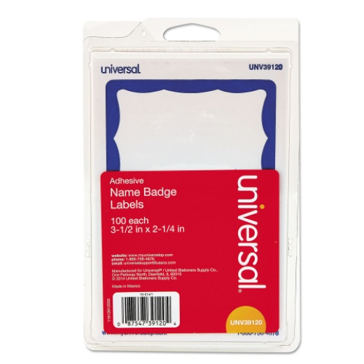 Universal Border-Style Self-Adhesive Name Badges, 3 1/2 X 2 1/4, White/Blue, 100/Pack