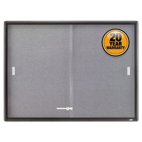 Quartet Enclosed Indoor Cork and Gray Fabric Bulletin Board with Two Sliding Glass Doors, 48 x 36, Graphite Gray Aluminum Frame