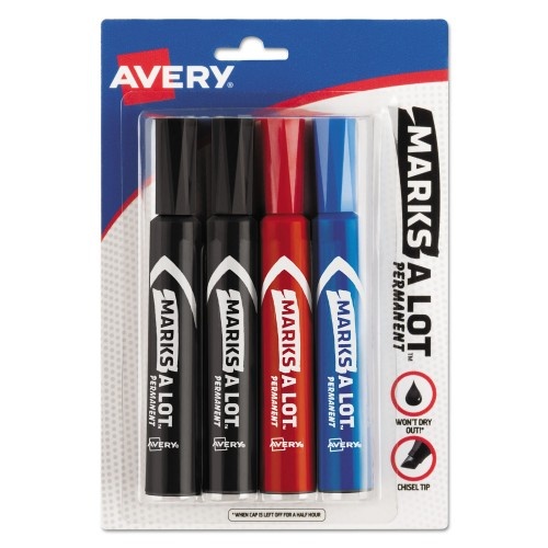Avery Marks A Lot Permanent Marker, Broad Chisel Tip, Assorted Colors, 4/Set