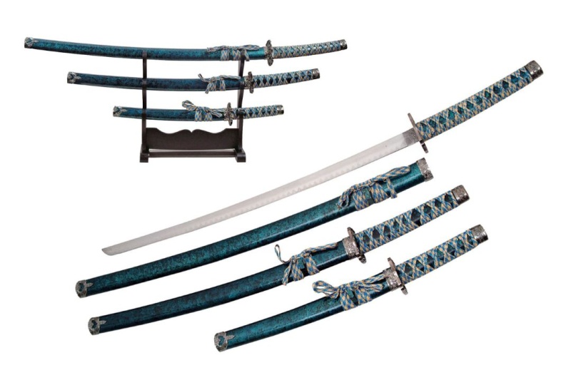 Aqua Marble Sword Set (3) With Stand