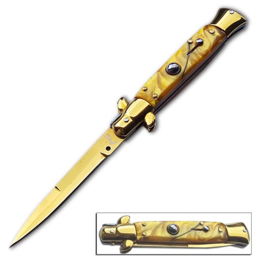 Akc Edition Blade Automatic Stiletto Knife Gold Pearl Handle