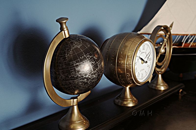 Armillery/Clock & Globe On Wood Base