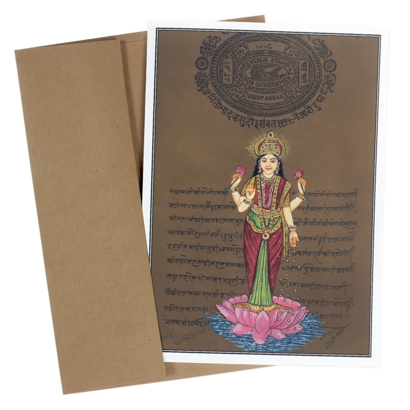 Greeting Card - Rajasthani Miniature Painting - Lakshmi Standing On Lotus - 5"X7"