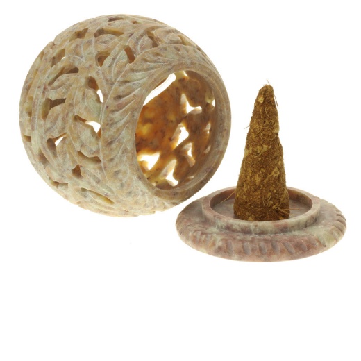 Soapstone Carved Tea-Light Ball - Large Leaves 3 Inches Burner For Cones And Candle Holder