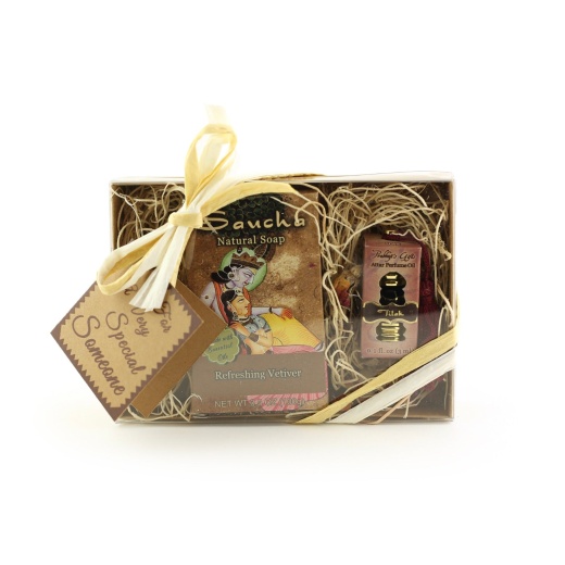 Gift Set - Saucha Bar Soap 'Refreshing Vetiver' And Attar Oil 'Tilak' - With Greeting 'For A Very Special Someone'