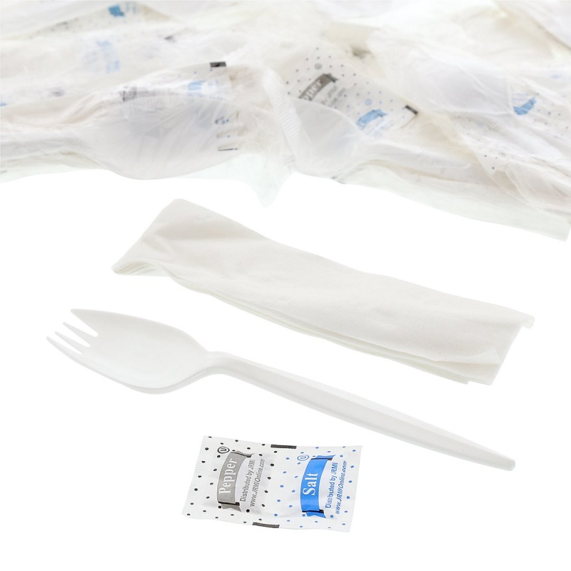 White Wrapped Cutlery: Spork, Napkin, Salt/Pepper 1000/Case