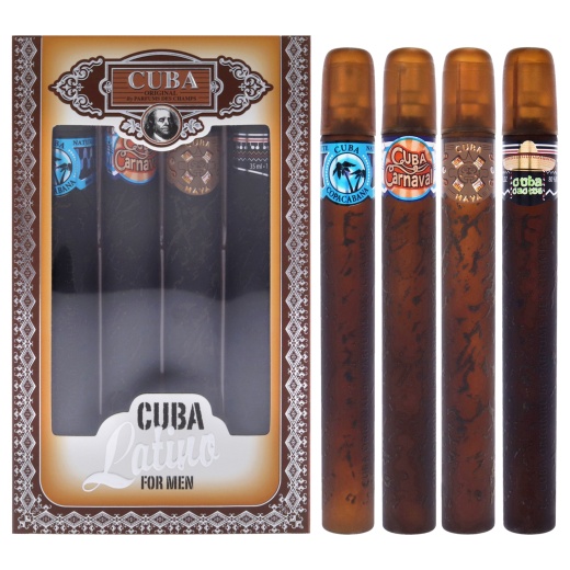 Cuba Latino Collection by Cuba for Men - 4 Pc Gift Set 1.17oz Cuba Copacabana EDT Spray, 1.17oz Cuba Maya EDT Spray, 1.17oz Cuba Carnaval EDT Spray, 1.17oz Cuba Cactus EDT Spray