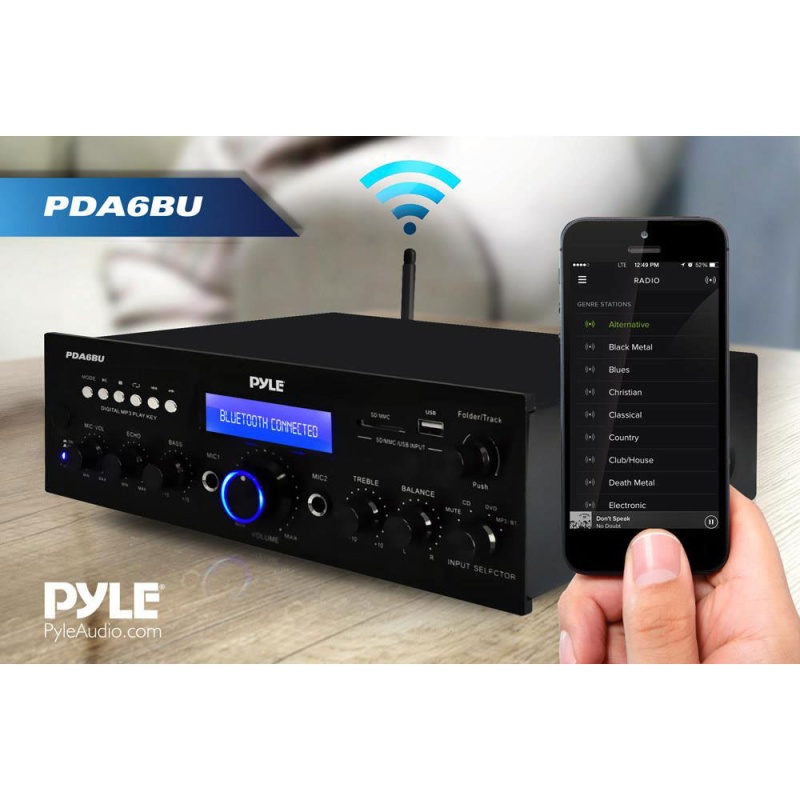 Pyle Pda6bu Bluetooth 200W Stereo Amplifier Receiver With Remote Fm Mp3 Usb Sd Aux Mic