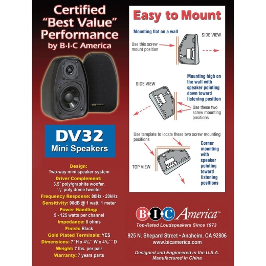 Bic Venturi DV32-B 3-1/2" 2-Way Bookshelf Speaker Pair Black
