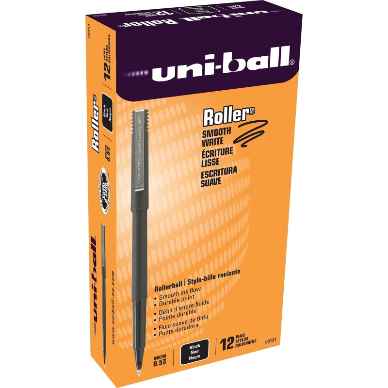 Uni-Ball Roller Ball Stick Dye-Based Pen, Micro Point, 0.5 Mm, Black Ink / Black Barrel