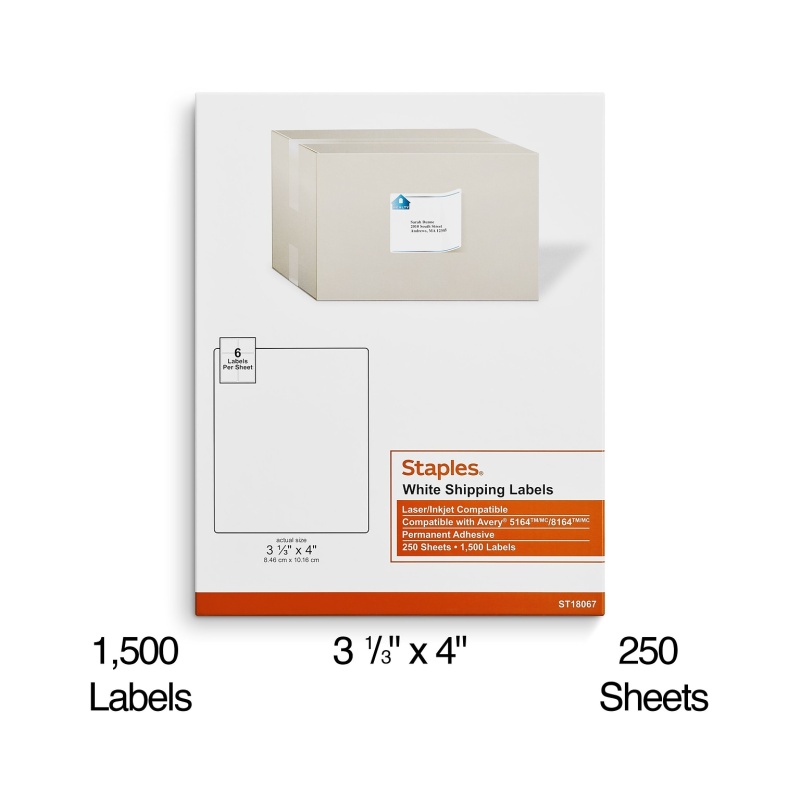 Staples® Laser/Inkjet Shipping Labels, 3 1/3" X 4", White, 6 Labels/Sheet, 250 Sheets/Pack, 1500 Labels/Box (St18067-Cc)