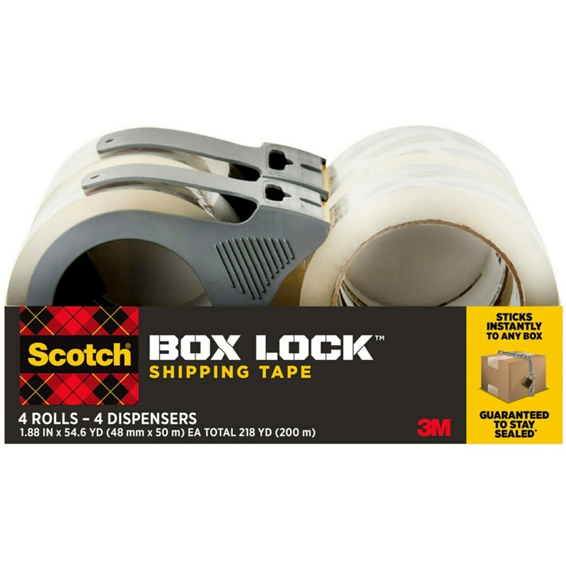 Scotch Box Lock Shipping Packing Tape With Refillable Dispensers, 1.88 In X 54.6 Yd, Clear, 4/Pack (3950-4Rd)