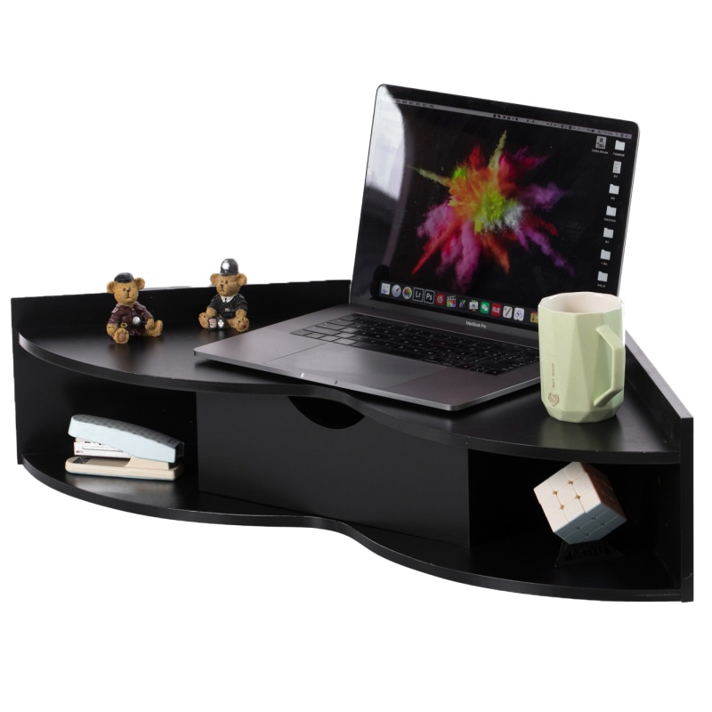 Basicwise Wall Mounted Folding Desk With Drawer & Shelves - Fold Down Table For Small Spaces, Home Office, Bedroom, Laundry - 33X23.5 In, Modern Floating Workspace, Space-Saving Design