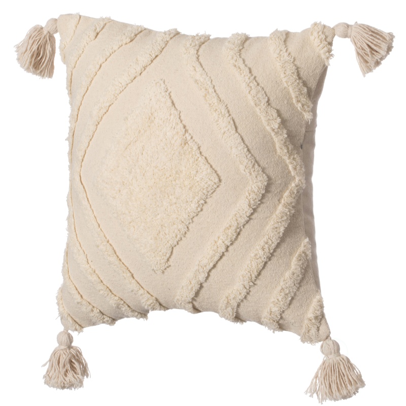 16" Handwoven Cotton Throw Pillow Cover With White On White Tufted Design And Tassel Corners