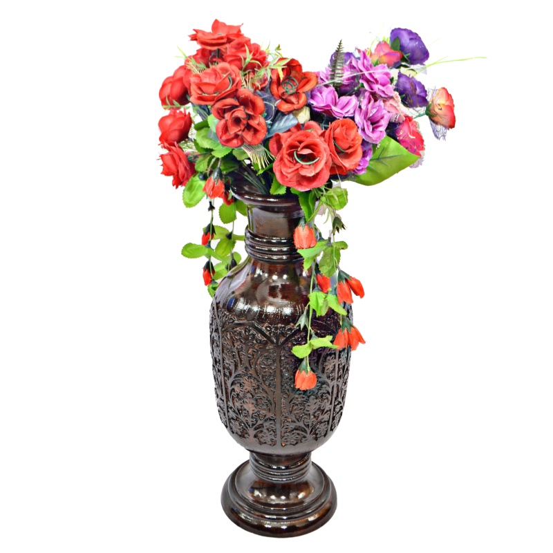 Antique Decorative Hand Curved Brown Mango Wood Table Flower Vase With Unique Textured Pattern
