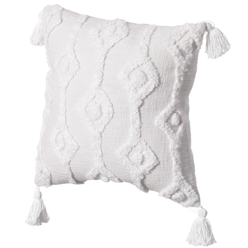 16" Handwoven Cotton Throw Pillow Cover With White Tufted Patterns And Tassel Corners