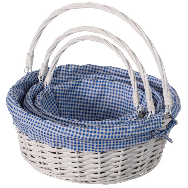 Traditional White Round Willow Gift Basket With Gingham Liner And Sturdy Handles, Food Snacks Storage Basket