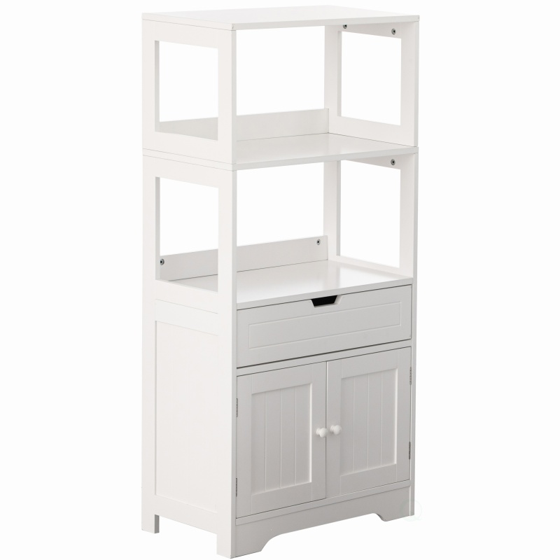 Tall Freestanding Wooden Storage Vanity, Kitchen Pantry, And Bathroom Cabinet Organizer, With 2 Open Shelves, A Drawer And 2 Door Cabinet, White