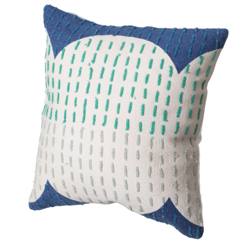 16" Handwoven Cotton Throw Pillow Cover With Ribbed Line Dots And Wave Border