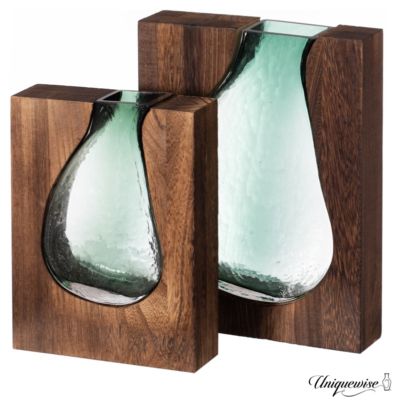 Pair Of 10 And 12-Inch Wood And Glass Inlay Vases - Merging The Natural Warmth And Texture Of Wood With The Elegance And Color Of Glass, Perfect For Enhancing Home Decor, Office Desk And Kitchen Table