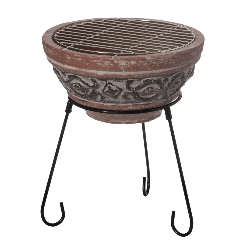Outdoor Small Red And Gray Clay Grill Accent Design Charcoal Burning Fire Pit With Sturdy Metal Stand, Barbecue, Cocktail Party, Family Gathering, Cozy Nights Fire Pit