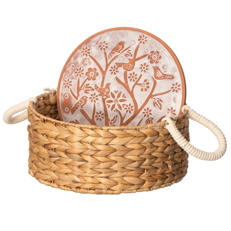 Vintiquewise Handwoven Wicker Bread Basket With Terracotta Stone Warmer & Rope Handles For Kitchen Dining Table & Home Party Use Ideal For Sourdough Bread Rolls Snacks & Baked Goods