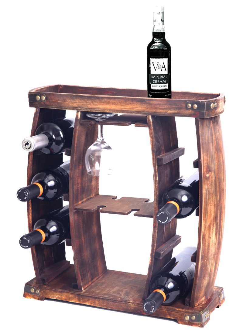 Decorative Wooden 8 Bottle Rustic Wine Rack With Glasses Holder
