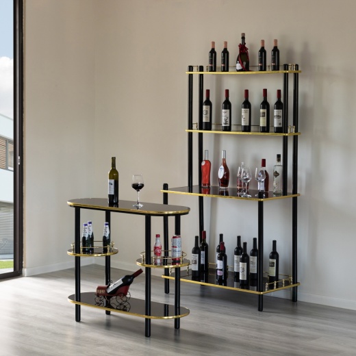 Set of 2 Pieces Bartender Serving Display Station - Wood Bar Console Island with Tier Shelves for Glass and Bottles