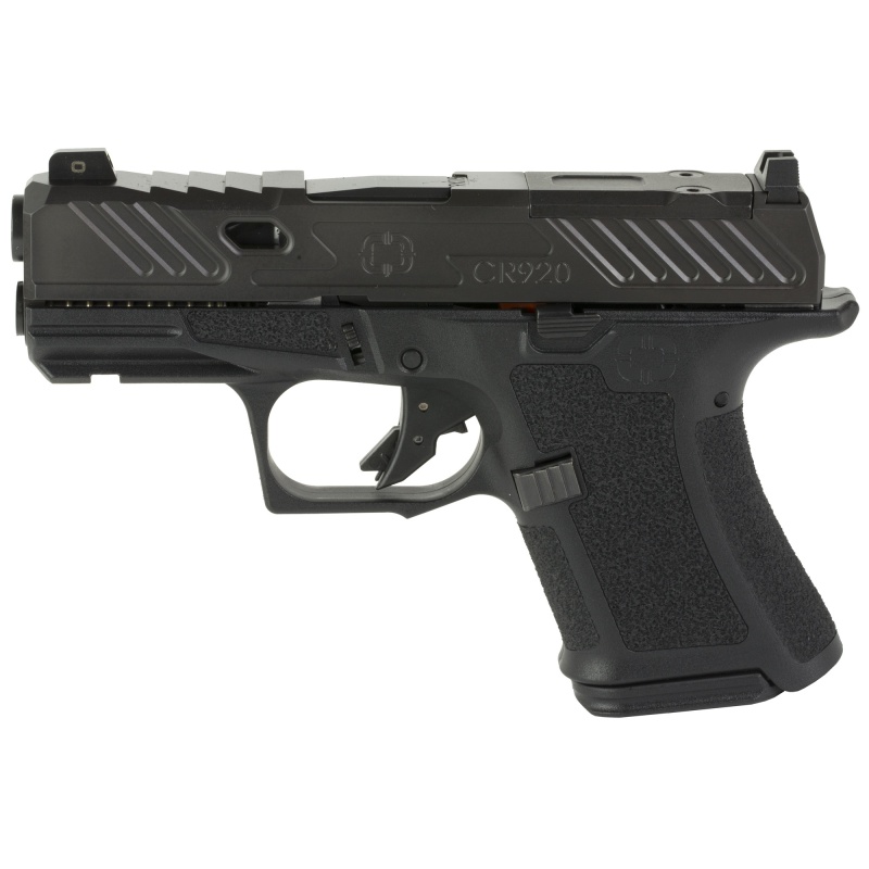 Shadow Systems, Cr920 Elite, Striker Fired, Semi-Automatic Pistol, Sub-Compact, 9Mm, 3.4" Spiral Fluted Barrel, Polymer Frame, Nitride Finish, Black, Front Night Sight, Trigger Safety, (1) - 10 Round (1) - 13 Round, Optics Ready, Includes 2 Magazines, Optics Kit, Attache Case, Optics Ready, Right Hand