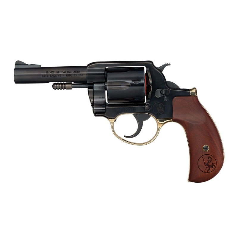 Henry Repeating Arms, Big Boy Revolver, Da/Sa, 357 Magnum/38 Special, 4" Round Barrel, Polished Blue Steel, American Walnut Birdshead Grips, Fixed Notch Rear Sight, Screw On Post Front Sight, Transfer Bar Safety, 6 Rounds, Includes High/Medium/Low Interchangeable Front Sights